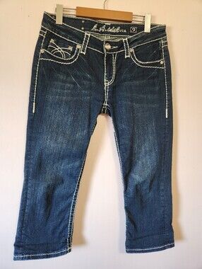 Vintage Y2K LA Idol Rhinestone Flap Pocket Thick Contrast Stitch Capri Jeans 9